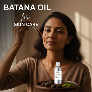 Woman applying Batana Oil to her skin with a dropper, surrounded by oil and seeds on a wooden tray.