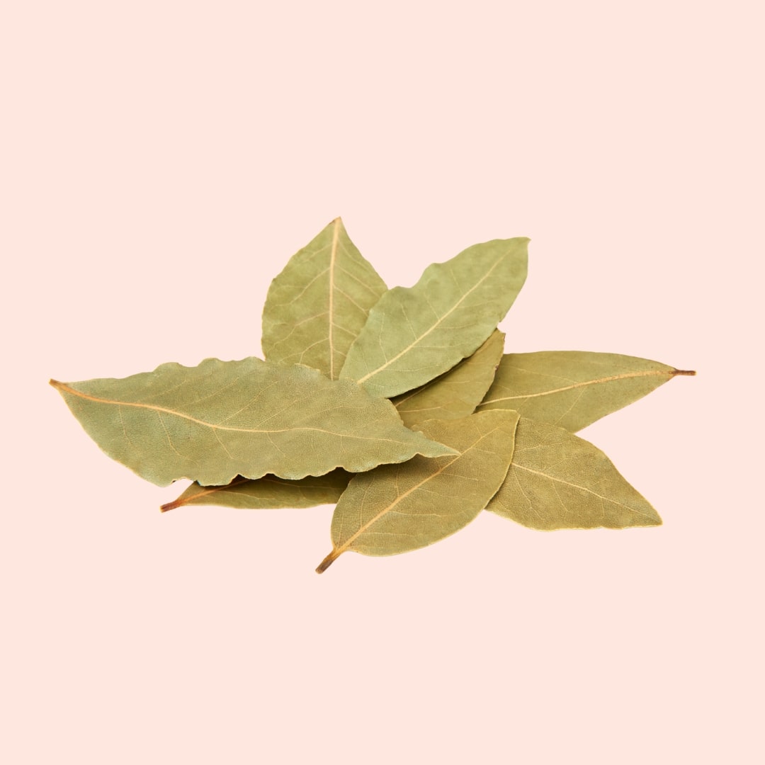 Three bay leaves on a beige background