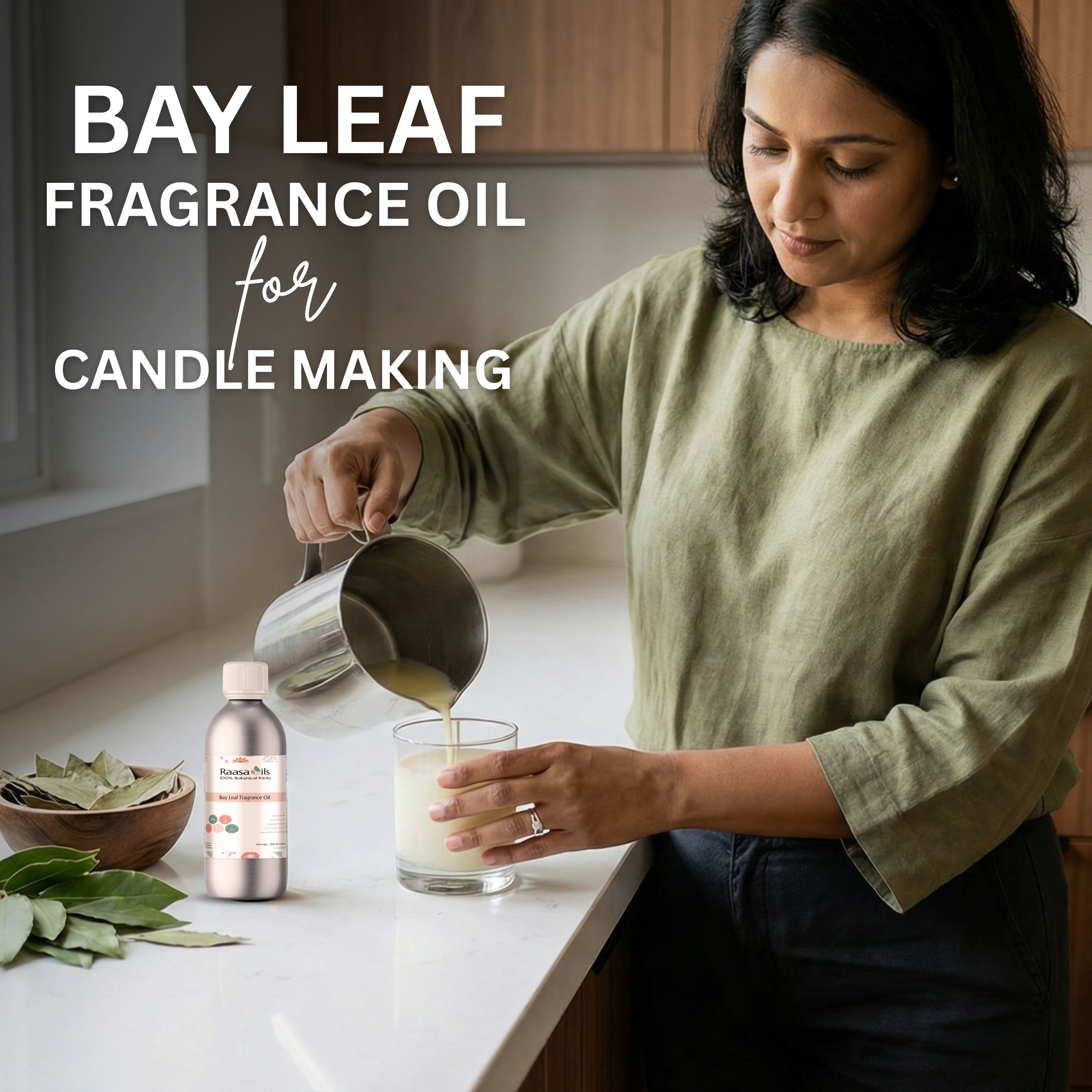 Woman pouring liquid into a glass with text about bay leaf fragrance oil for candle making.