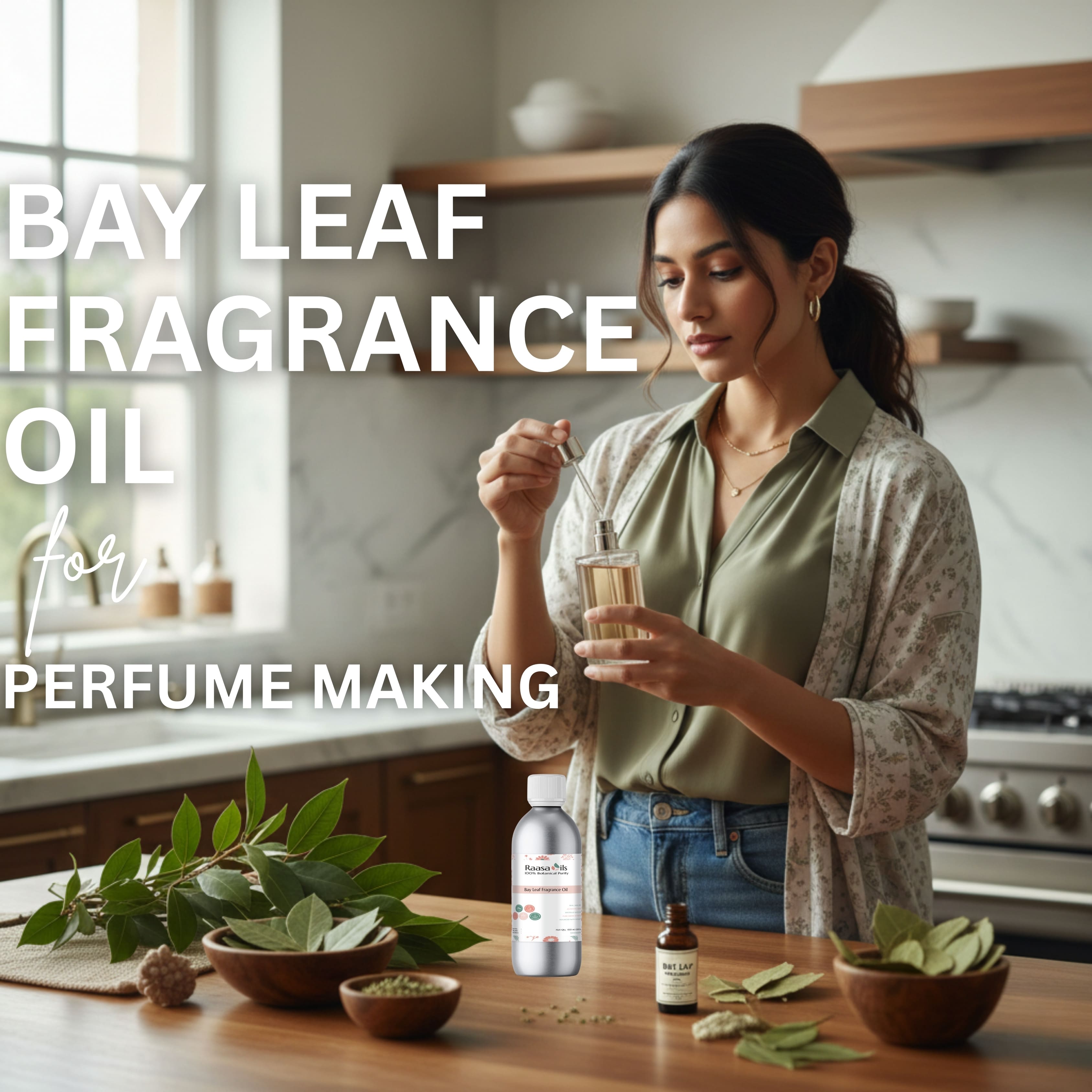 Woman in a kitchen preparing bay leaf fragrance oil for perfume making.