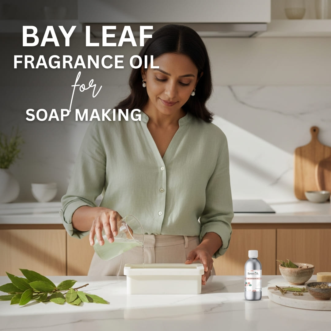 Woman in a kitchen preparing soap with text about bay leaf fragrance oil for soap making.