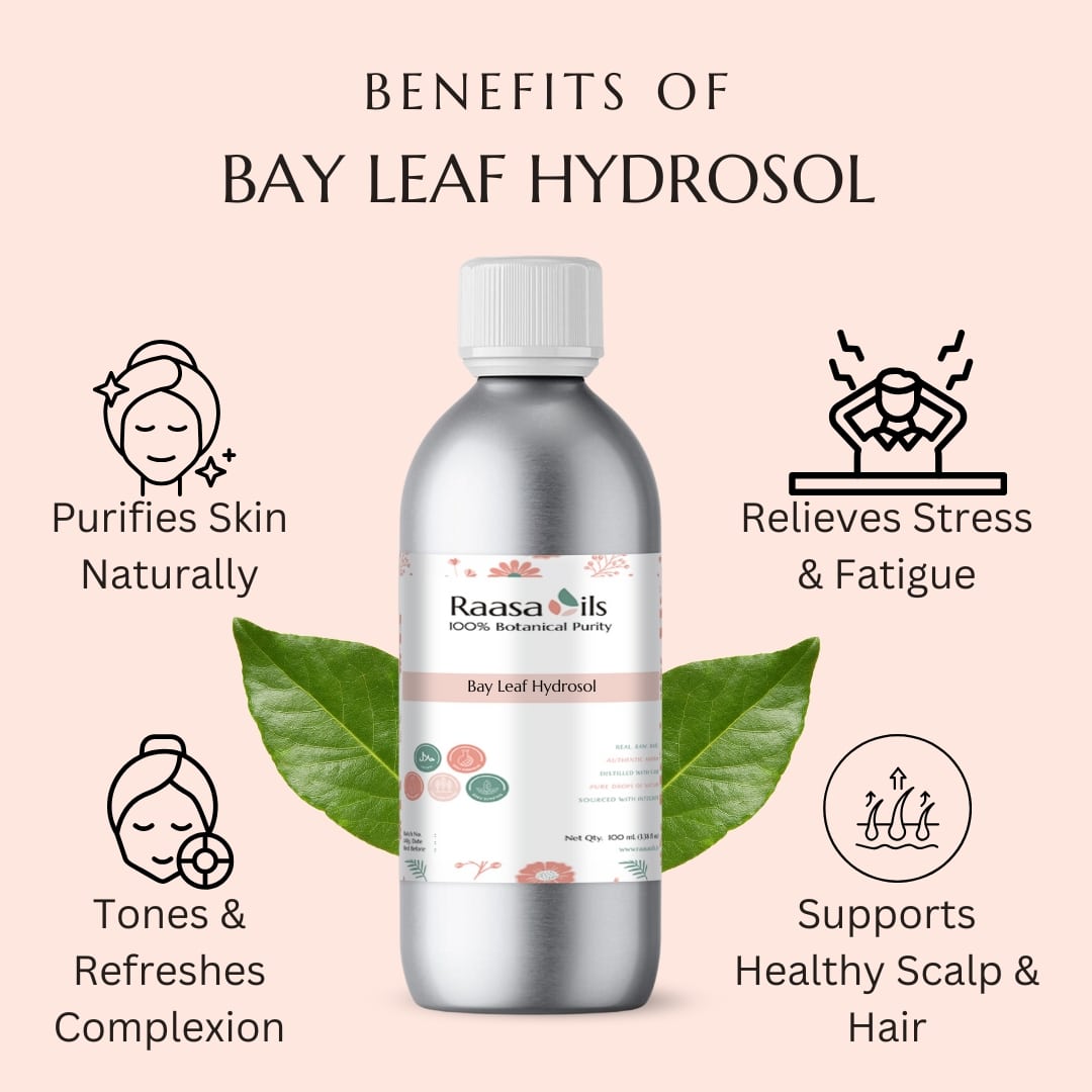 Bay leaf hydrosol bottle with benefits listed on a light pink background
