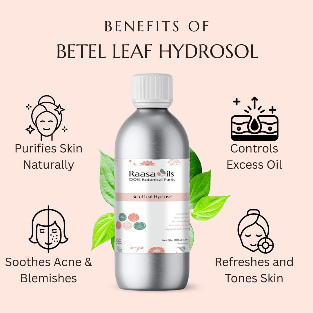 Bottle of Raasa Oils Betel Leaf Hydrosol with benefits listed on a pink background