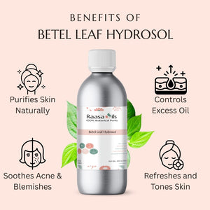 Bottle of Raasa Oils Betel Leaf Hydrosol with benefits listed on a pink background