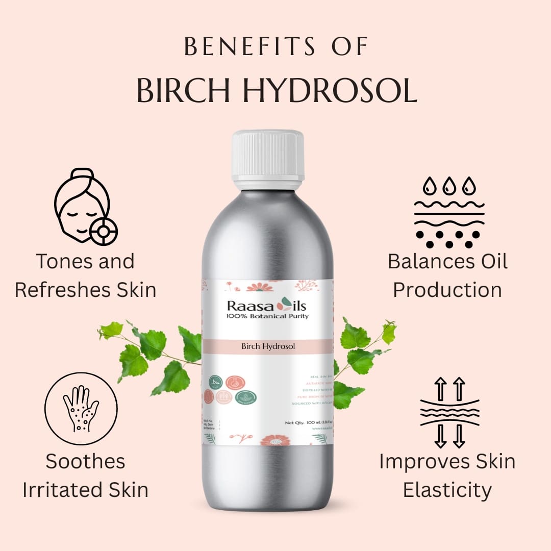 Bottle of Raasa Oils Birch Hydrosol with benefits listed on a pink background