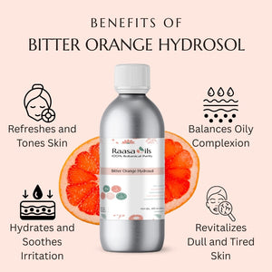 Bitter Orange Hydrosol bottle with benefits listed on a pink background