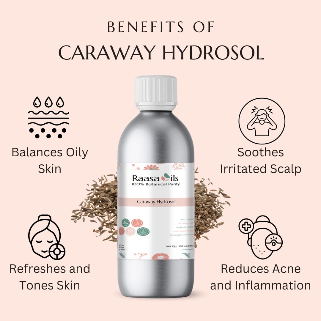 Raasa Oils Caraway Hydrosol bottle with benefits listed on a pink background
