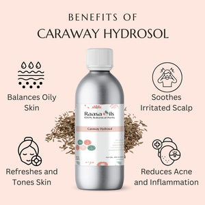 Raasa Oils Caraway Hydrosol bottle with benefits listed on a pink background