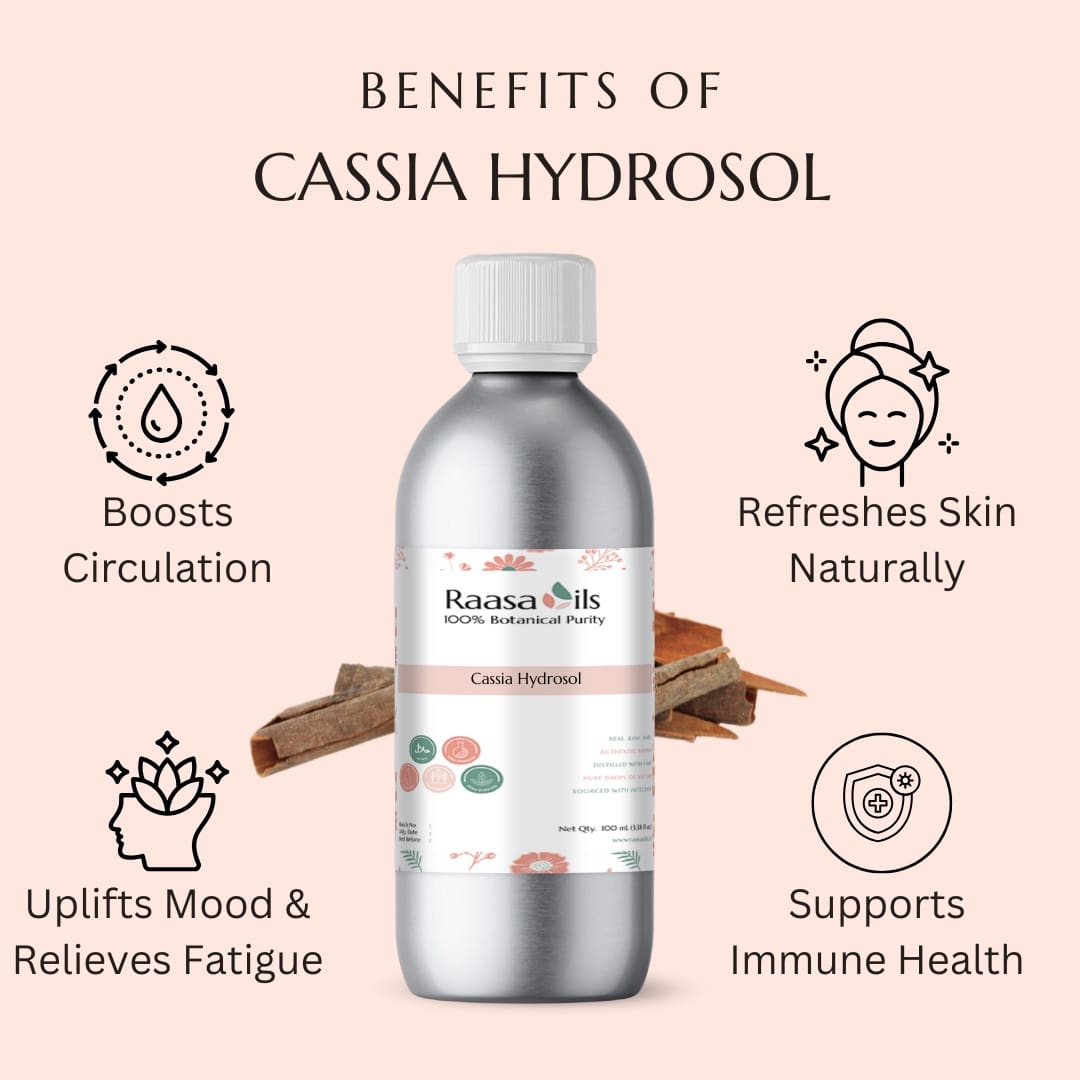 Bottle of Raasa Oils Cassia Hydrosol with benefits listed on a pink background