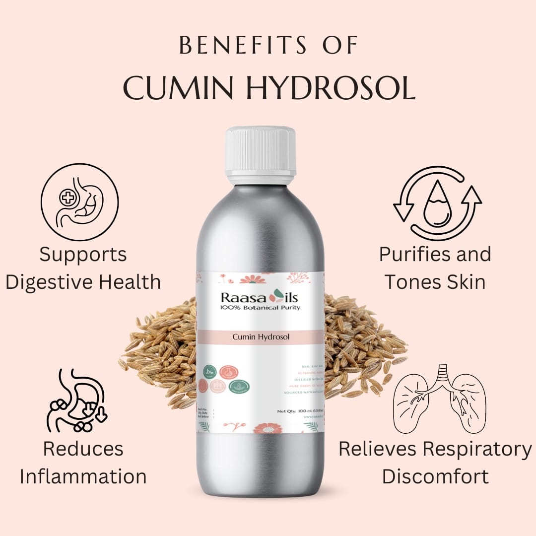 Cumin hydrosol bottle with benefits on a light pink background