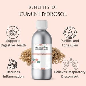 Cumin hydrosol bottle with benefits on a light pink background