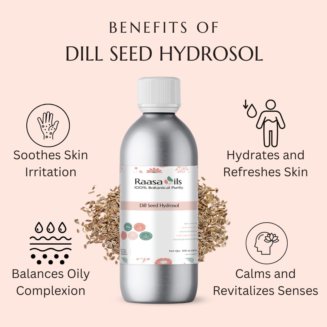 Bottle of Raasa Oils Dill Seed Hydrosol with benefits listed on a pink background
