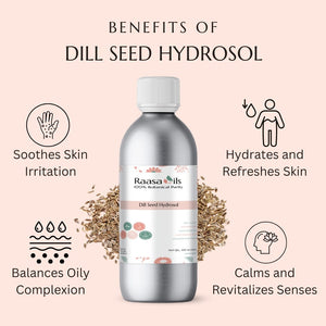 Bottle of Raasa Oils Dill Seed Hydrosol with benefits listed on a pink background