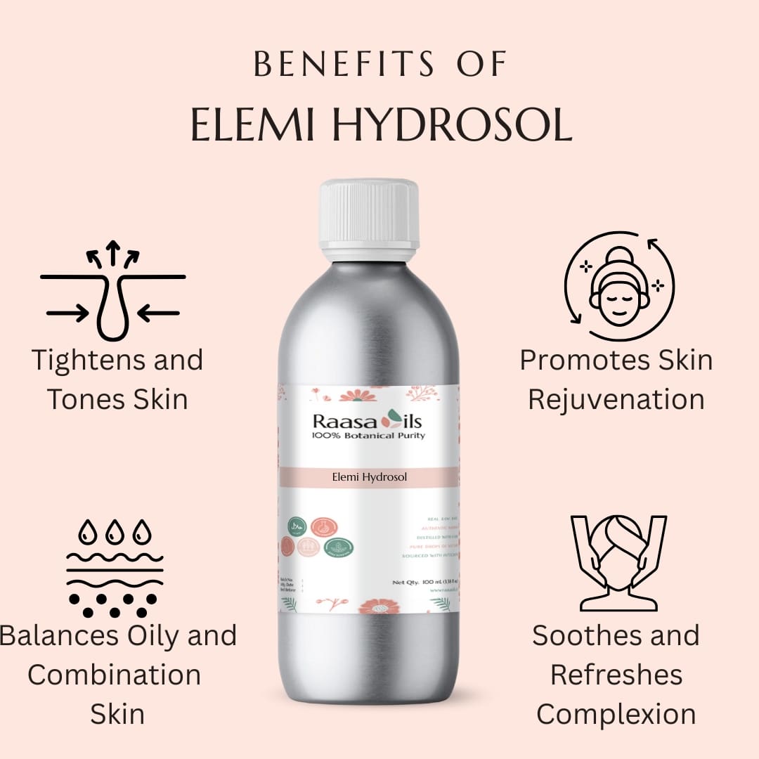 Bottle of Raasa Oils Elemi Hydrosol with benefits listed on a pink background
