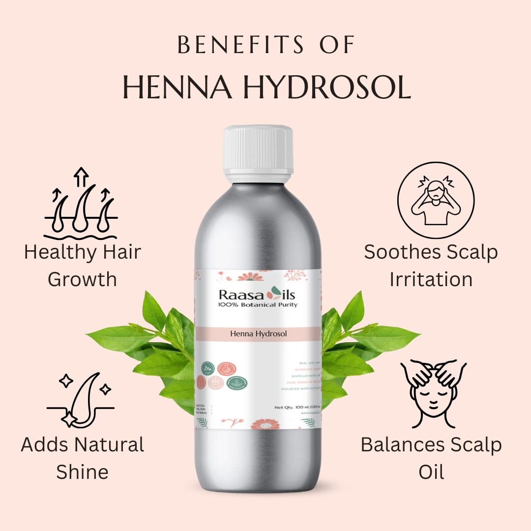 Bottle of Raasa Oils Henna Hydrosol with benefits listed on a pink background