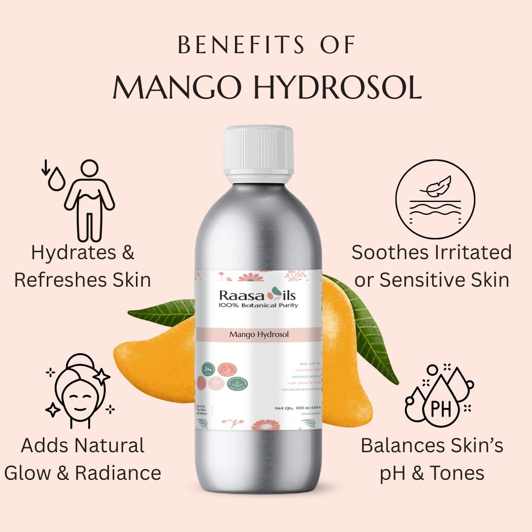 Mango hydrosol bottle with benefits listed on a light pink background