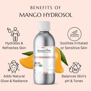 Mango hydrosol bottle with benefits listed on a light pink background