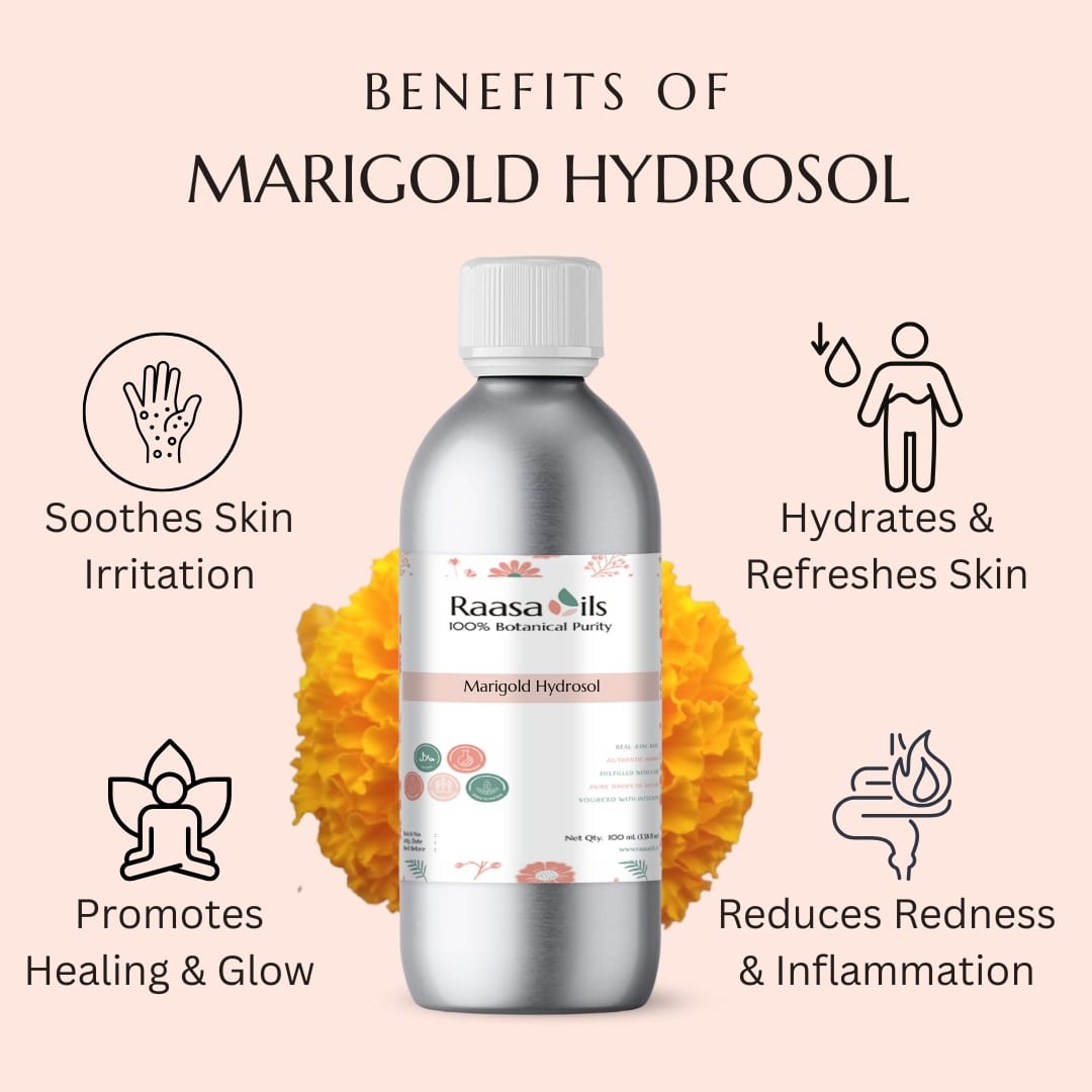 Bottle of Raasa Oils Marigold Hydrosol with benefits listed on a pink background