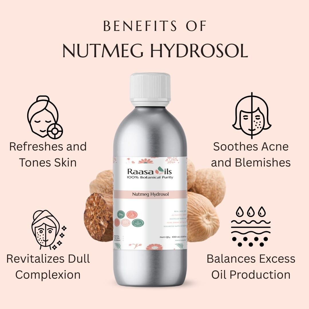 Bottle of Raasa Oils Nutmeg Hydrosol with benefits listed on a pink background