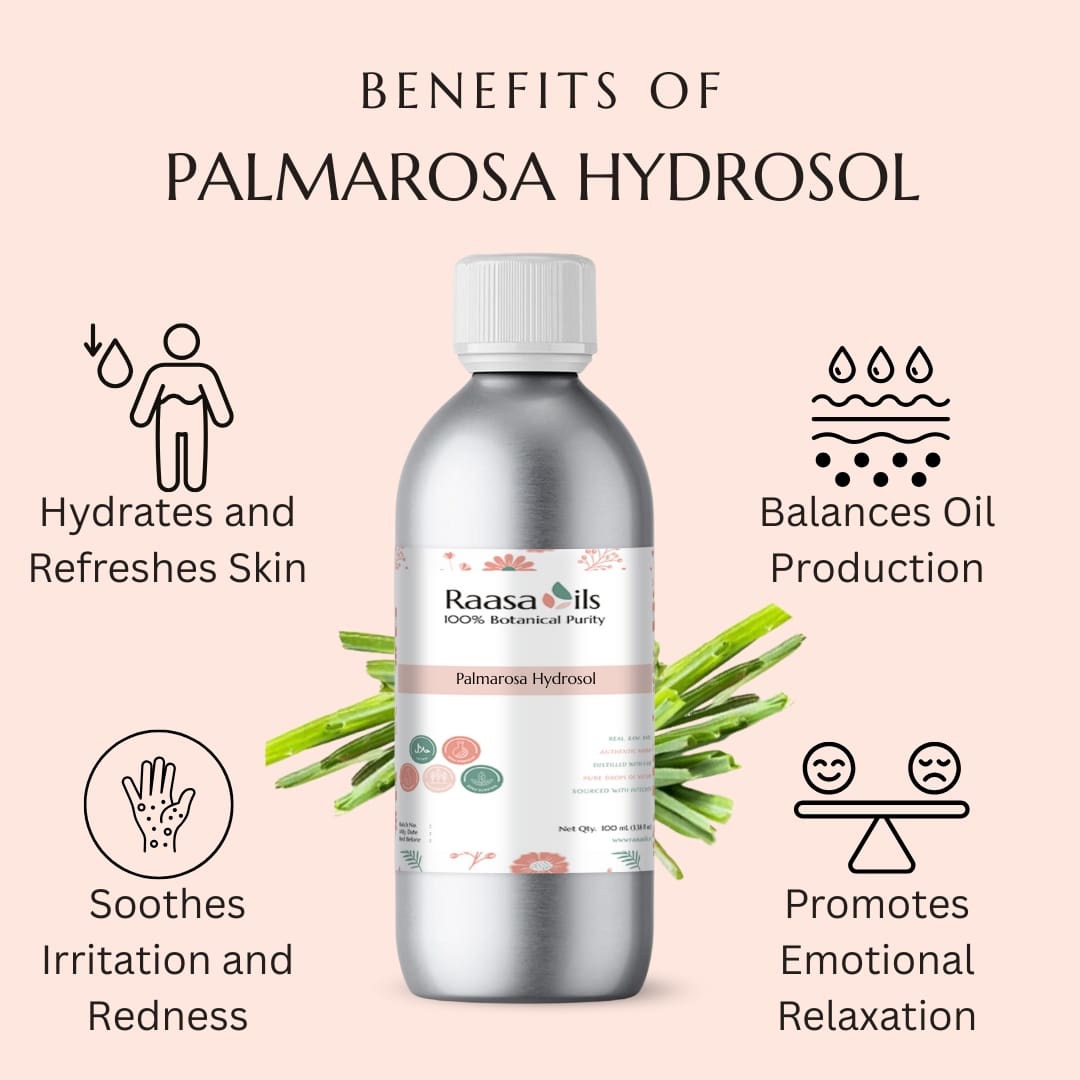 Bottle of Raasa Oils Palmarosa Hydrosol with benefits listed on a pink background