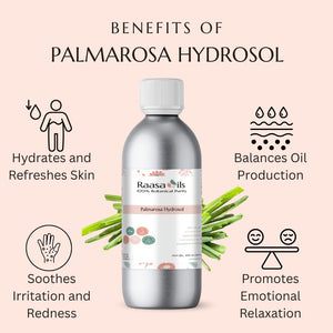 Bottle of Raasa Oils Palmarosa Hydrosol with benefits listed on a pink background