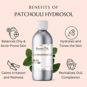 Raasa Oils Patchouli Hydrosol bottle with benefits listed on a pink background