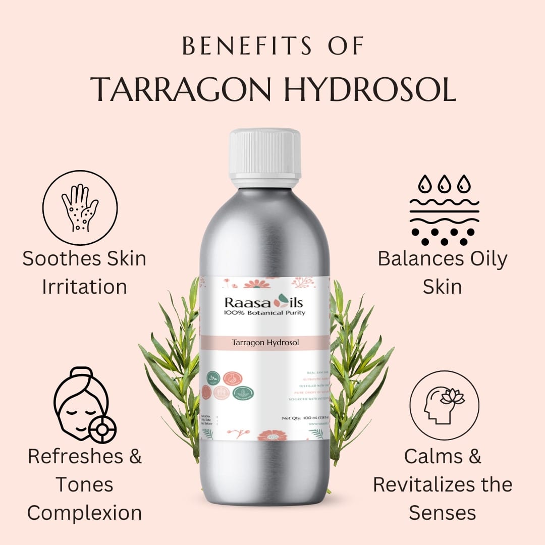 Raasa Oils Tarragon Hydrosol bottle with benefits listed on a light pink background