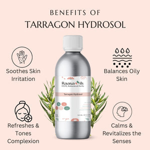 Raasa Oils Tarragon Hydrosol bottle with benefits listed on a light pink background