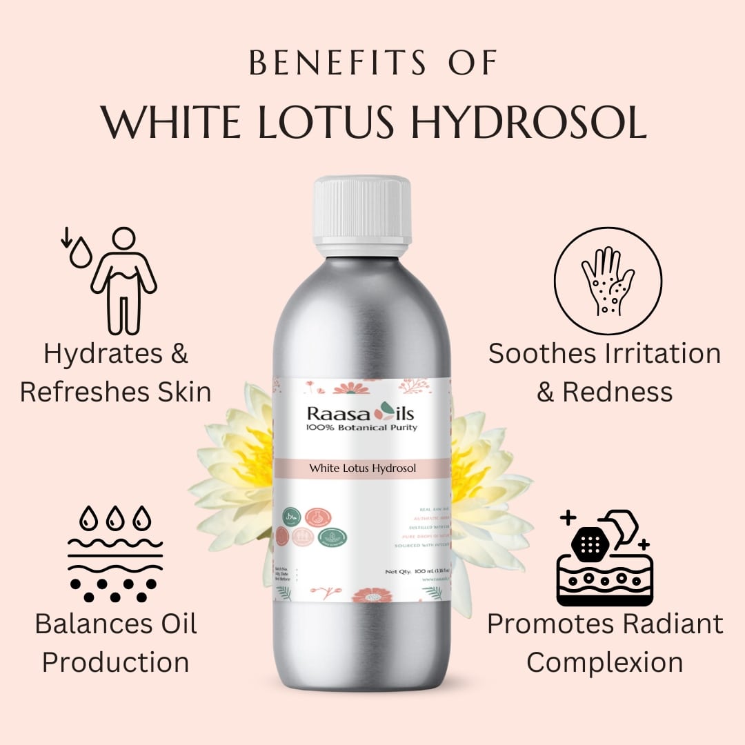 Bottle of Raasa Oils White Lotus Hydrosol with benefits listed on a pink background
