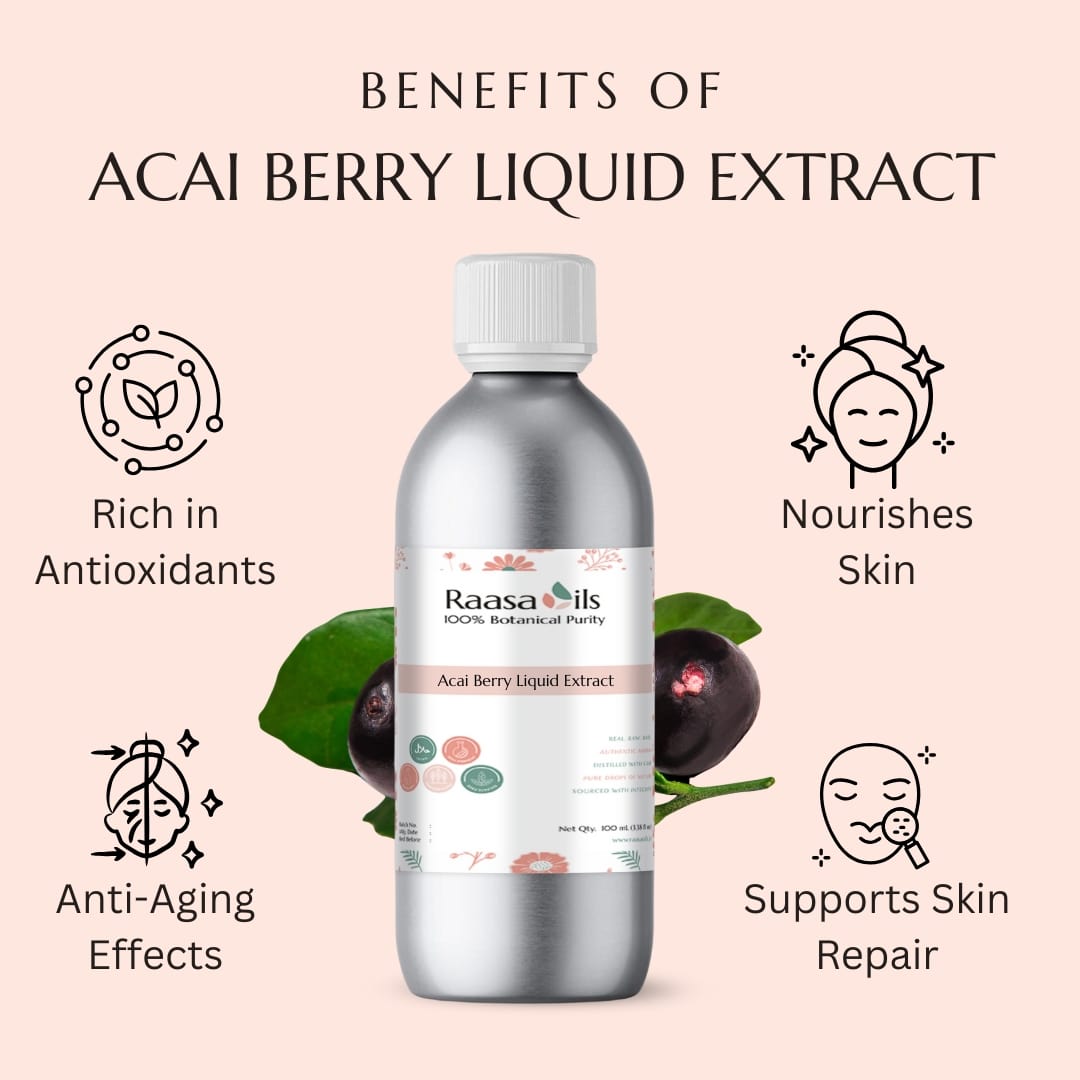Bottle of Acai Berry Liquid Extract with benefits listed on a pink background