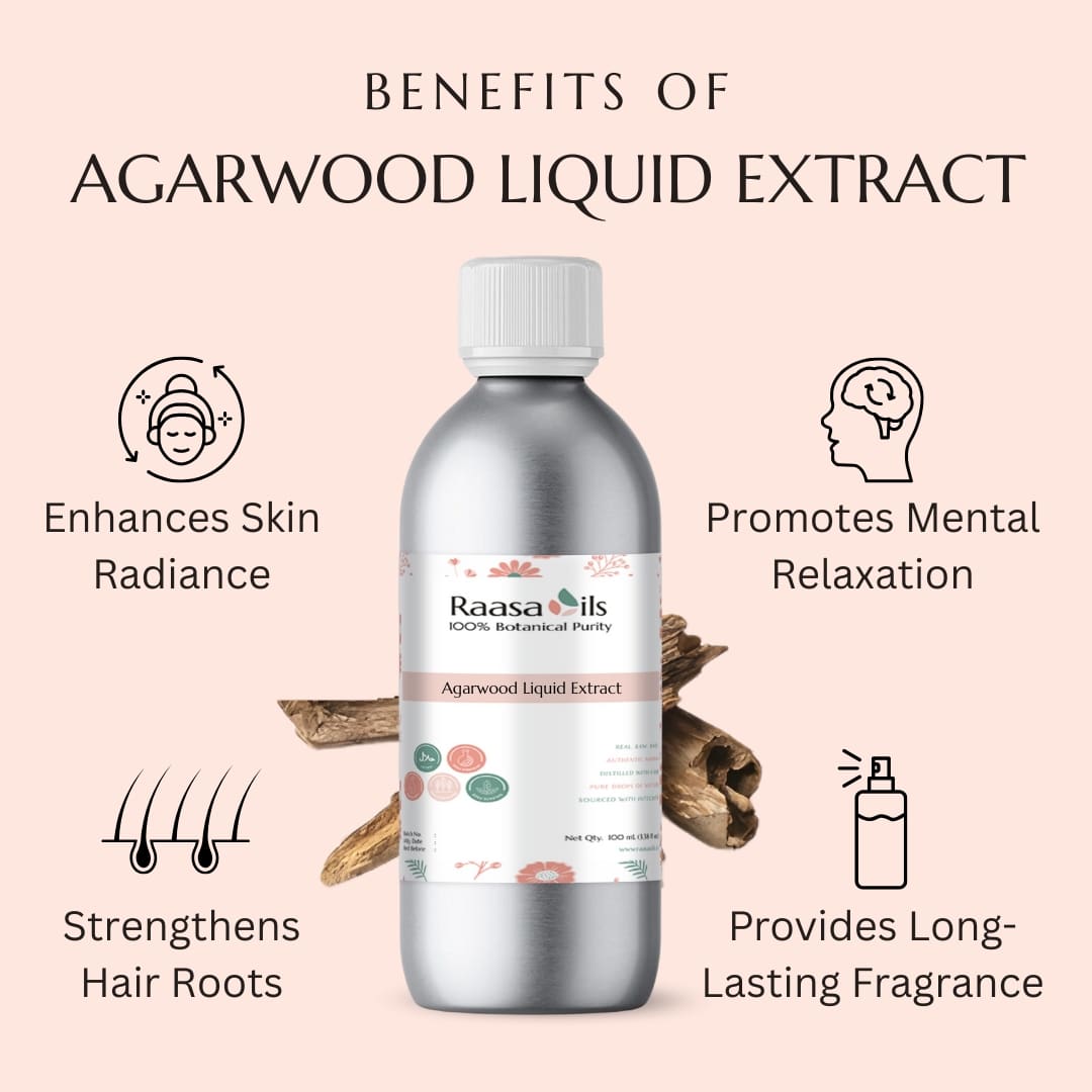 Bottle of Raasa Oils Agarwood Liquid Extract with benefits listed on a pink background