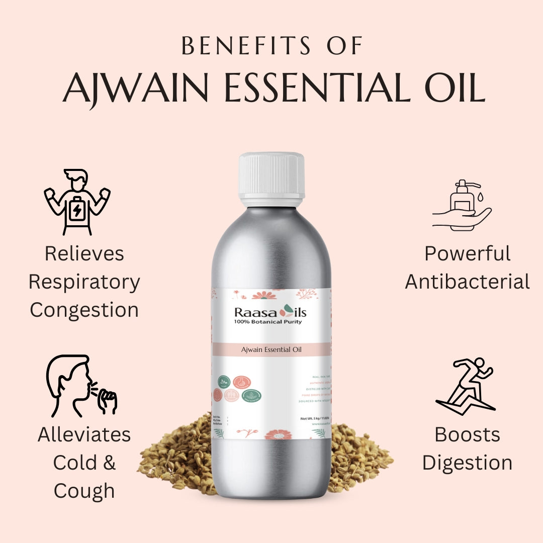 Bottle of Ajwain essential oil with benefits listed on a pink background