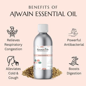 Bottle of Ajwain essential oil with benefits listed on a pink background