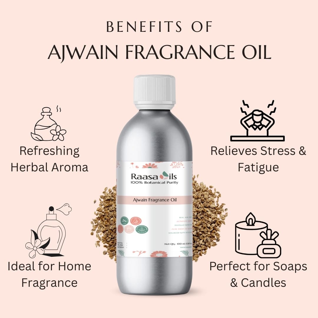 Ajwain fragrance oil bottle with benefits listed on a light pink background