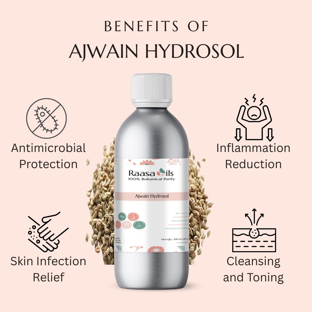Ajwain hydrosol bottle with benefits listed on a pink background