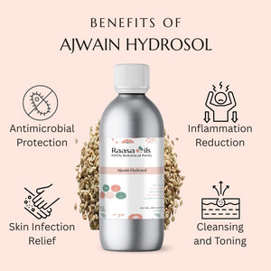 Ajwain hydrosol bottle with benefits listed on a pink background