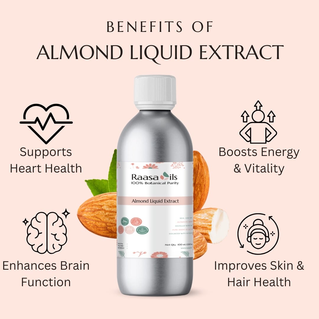 Bottle of Raasa Oils Almond Liquid Extract with benefits listed on a pink background