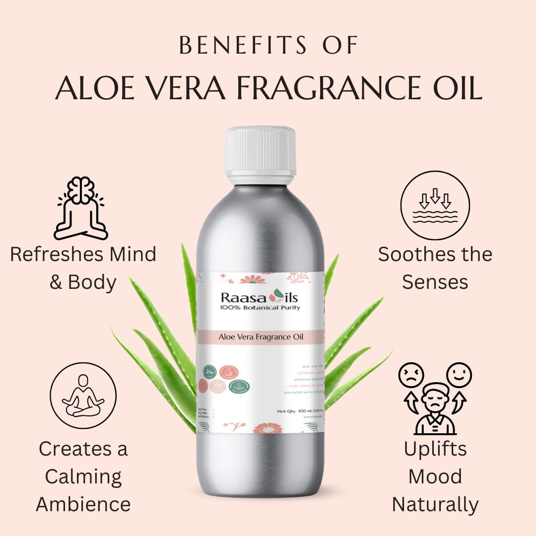 Aloe vera fragrance oil bottle with benefits listed on a light pink background