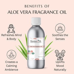 Aloe vera fragrance oil bottle with benefits listed on a light pink background