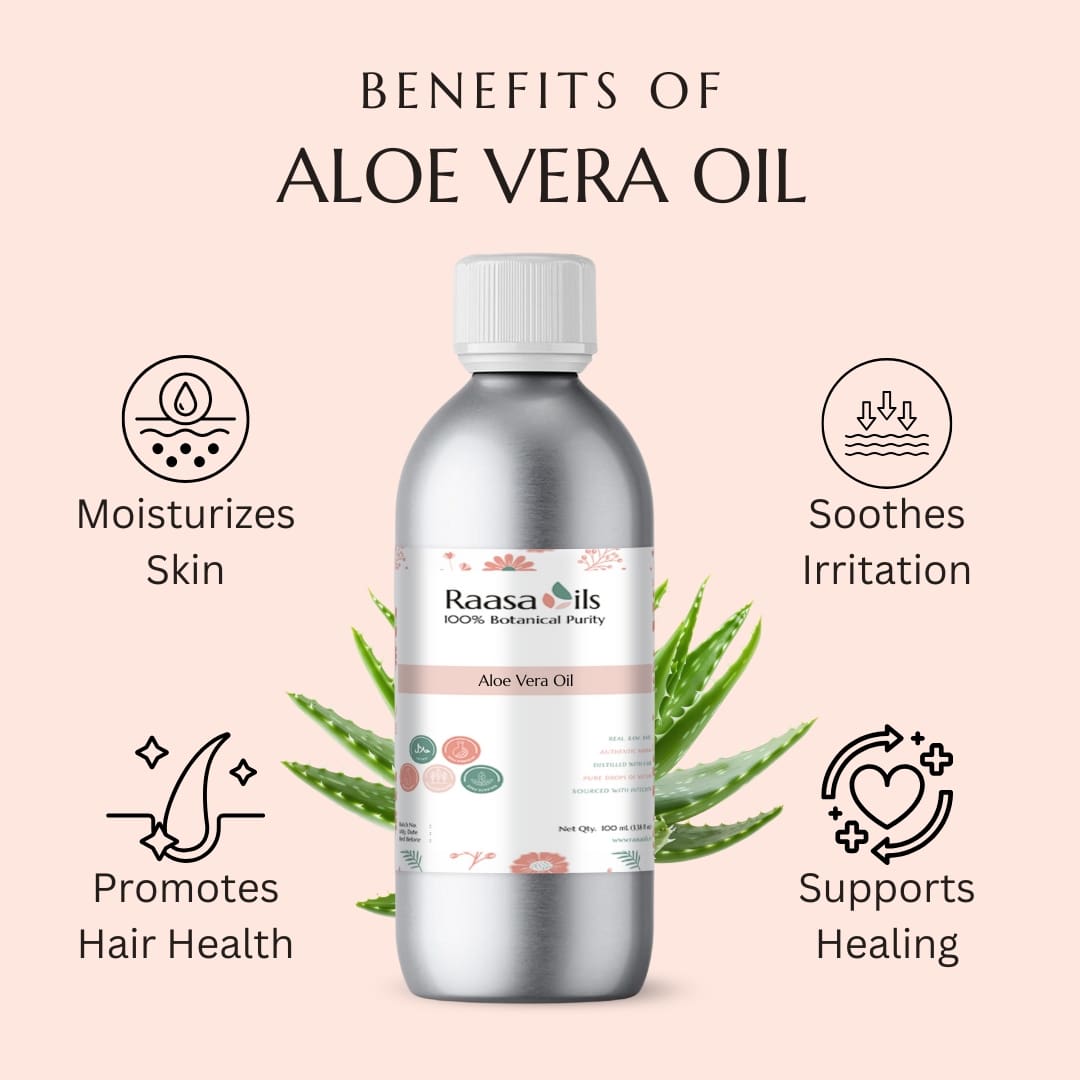 Bottle of aloe vera oil with benefits listed on a pink background