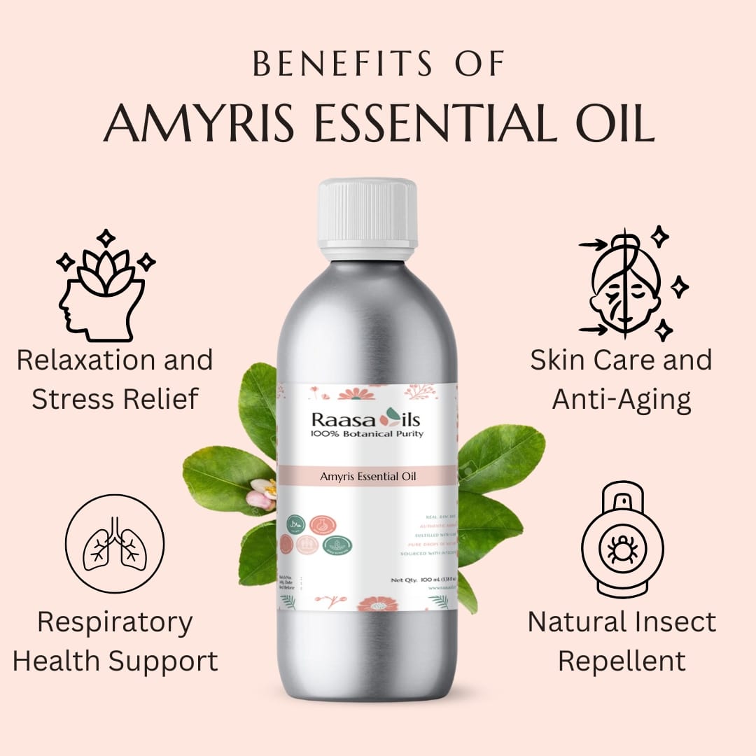 Bottle of Amyris essential oil with benefits listed on a pink background