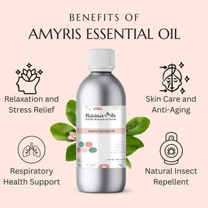 Bottle of Amyris essential oil with benefits listed on a pink background