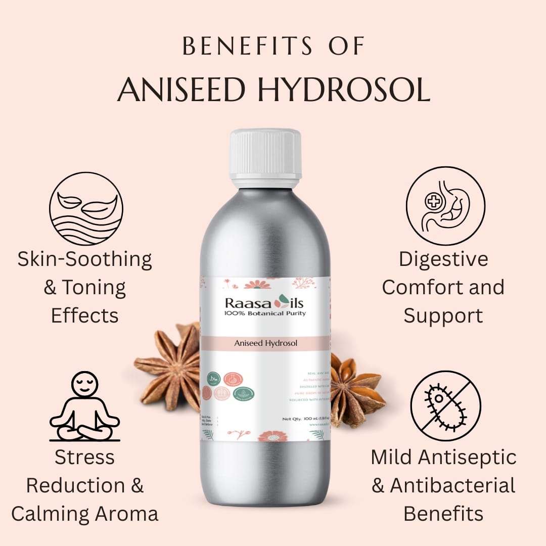 Raasa Oils Aniseed Hydrosol bottle with benefits listed on a pink background