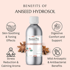 Raasa Oils Aniseed Hydrosol bottle with benefits listed on a pink background