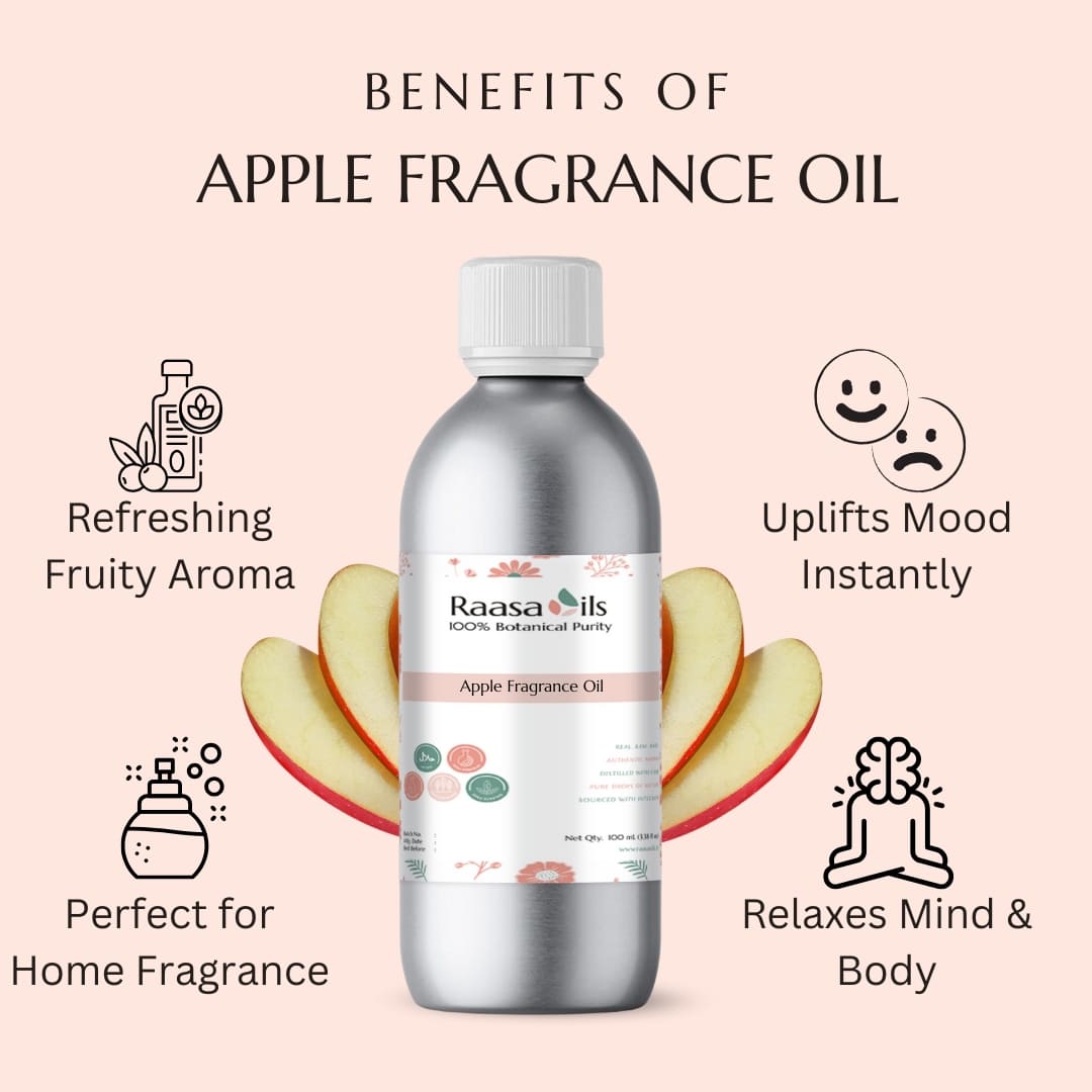 Raasa Oils Apple Fragrance Oil bottle with benefits listed on a pink background
