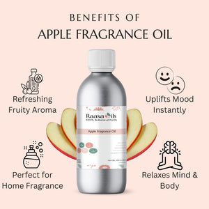 Raasa Oils Apple Fragrance Oil bottle with benefits listed on a pink background