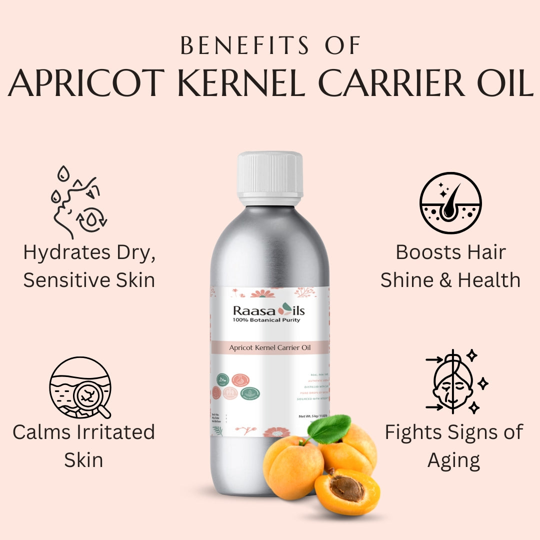 Raasa Oils apricot kernel carrier oil bottle with benefits listed on a pink background