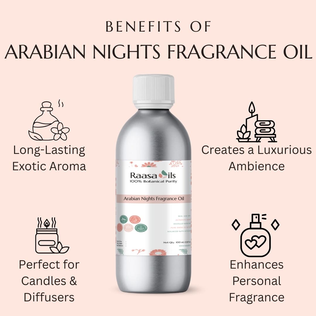 Bottle of Arabian Nights Fragrance Oil with benefits listed on a pink background