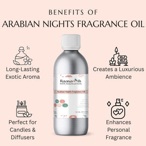 Bottle of Arabian Nights Fragrance Oil with benefits listed on a pink background