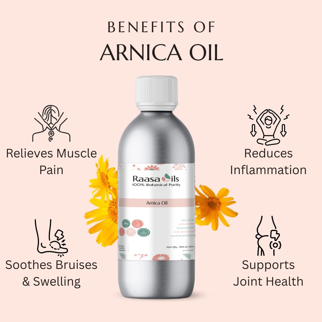 Bottle of Arnica oil with benefits listed on a pink background